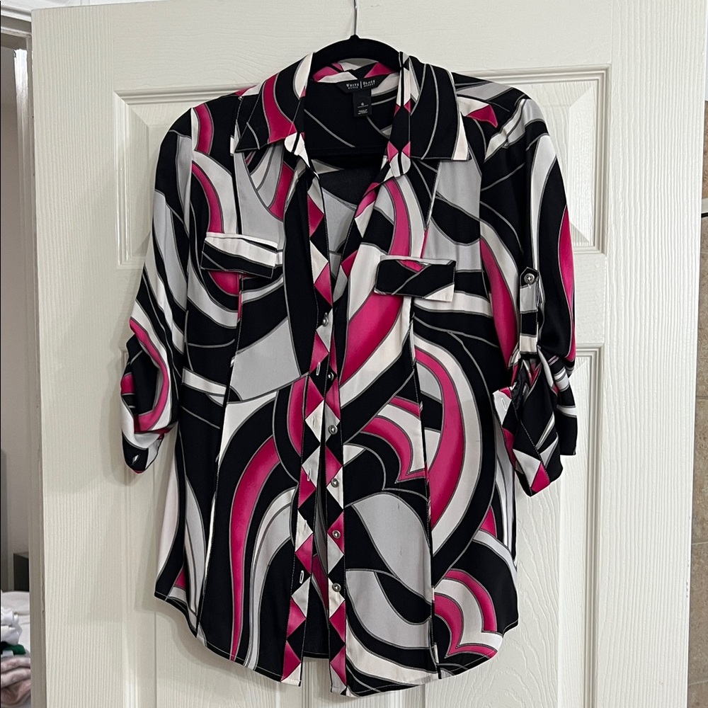 White House Black Market Black and Pink Geometric Button Down Shirt